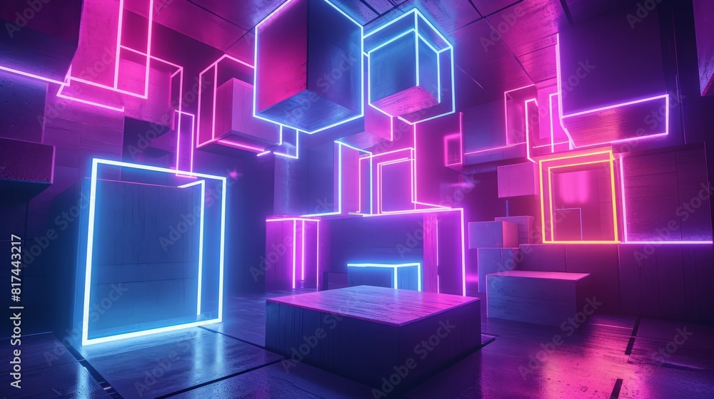 Poster 3d rendering of abstract concrete cubes. architecture concept. neon lights.