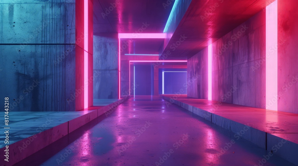 Poster 3d rendering of abstract concrete cubes. architecture concept. neon lights.
