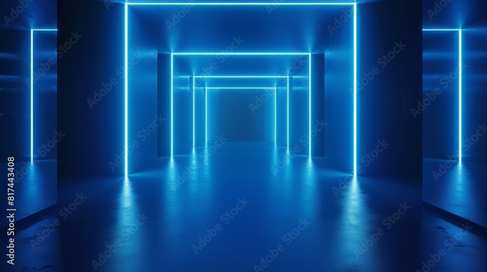 Poster 3d render, abstract minimal neon background with glowing lines. wall illuminated with blue light. si