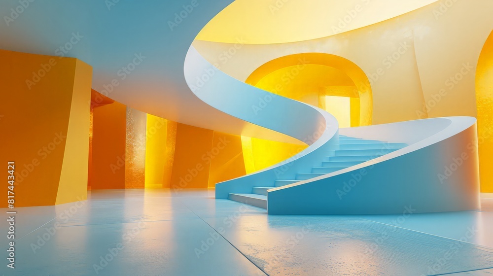 Aufkleber 3d render new generation abstract empty building structure with soft light blue and yellow color, ca