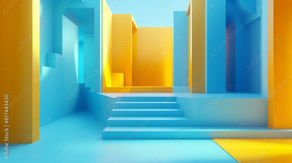 Aufkleber 3d render new generation abstract empty building structure with soft light blue and yellow color, ca