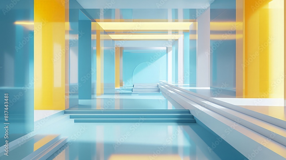 Aufkleber 3d render new generation abstract empty building structure with soft light blue and yellow color, ca