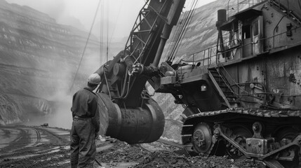 Naklejka premium Men in hard hats operate large machinery to extract coal from the depths of the earth.