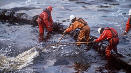 A crew of workers spreading absorbent booms in the water to contain the spreading oil.