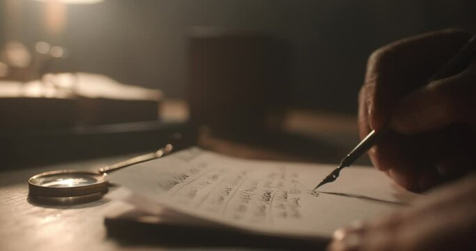 Close up of an old pen writing on paper.