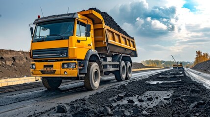 A bright yellow dump truck filled to the brim with freshly made asphalt ready to be transported and laid down for road construction.