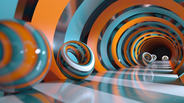 A series of rotating rings and spheres creating a hypnotic 3D illusion on a bold, modern abstract background. - Powered by Adobe