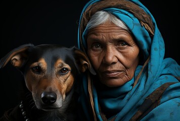 Elderly woman with dog in blue against black background