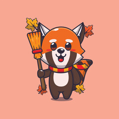 Obraz premium Cute autumn red panda holding broom