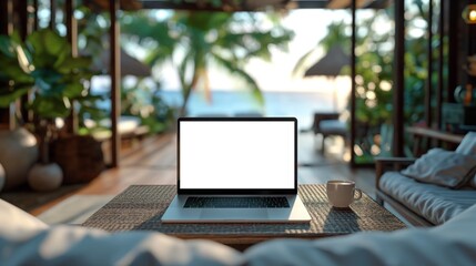 Mockup of modern laptop at beach resort, AI-generative