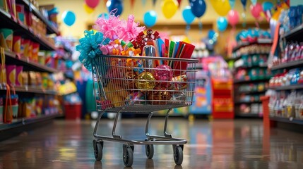 A shopping cart with a mix of party decorations in a party store