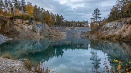 The nowstill water of a deserted mine pit once filled with the sounds of blasting and heavy machinery.