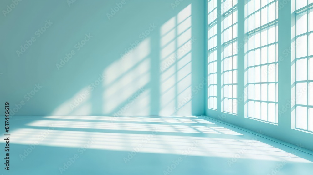 Poster empty light blue studio space with deep windows shadow. sparse template and background