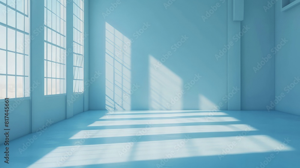 Poster empty light blue studio space with deep windows shadow. sparse template and background