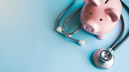 Piggy bank with stethoscope isolated on light blue background with copy space. 