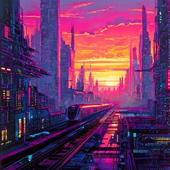 Naklejka premium city night with beautiful sunset 