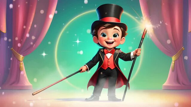 Little magician with magic wand. Seamless looping time-lapse 4k video animation background