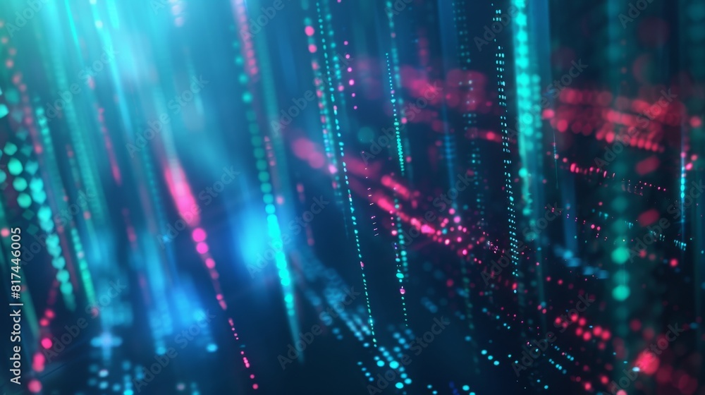 Poster a vibrant display of blue and pink digital light particles, simulating data or network activity in a