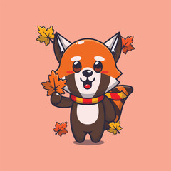 Cute red panda holding autumn leaf