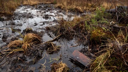 The bog is littered with abandoned tools and bits of debris from previous peat extraction operations.