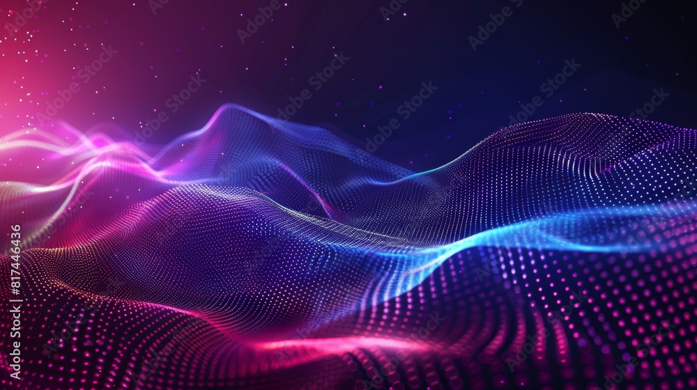 Poster detailed vibrant abstract image showcasing dynamic waves formed by particles against a dark backgrou