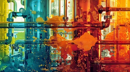 Brightly colored liquids flow through a network of pipes undergoing various chemical reactions.