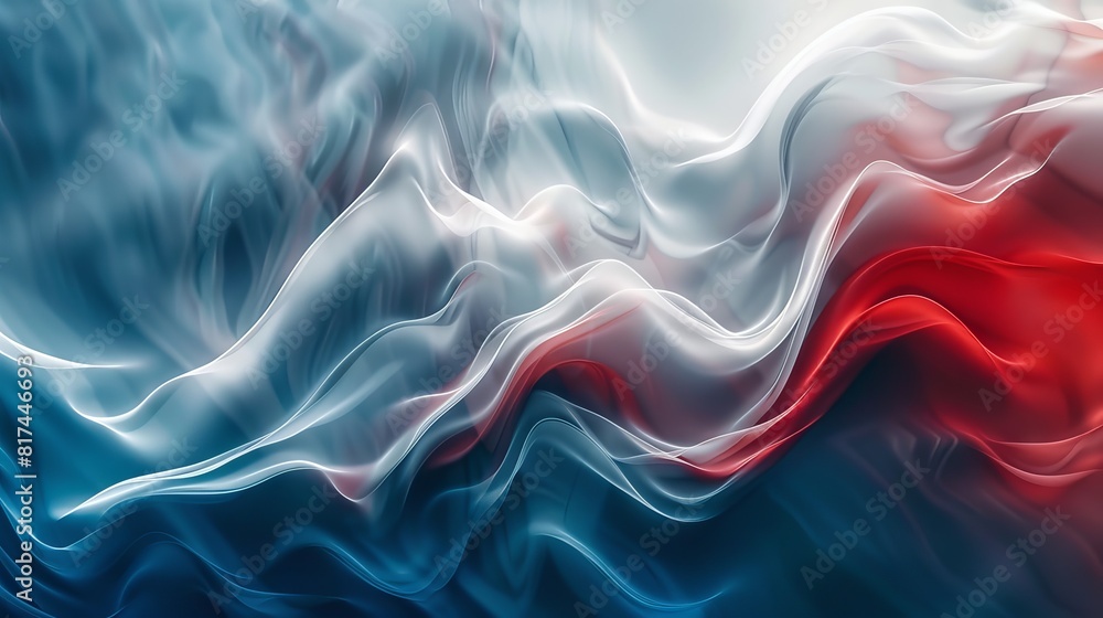 Poster this image features a dynamic abstract design with flowing waves in red, white, and blue colors, sug