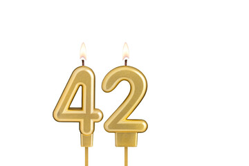 Birthday candle number 42 on white background