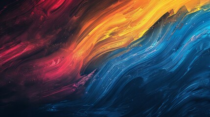 A vivid abstract art piece featuring a wave of colors with red, yellow, and blue dominating the canvas