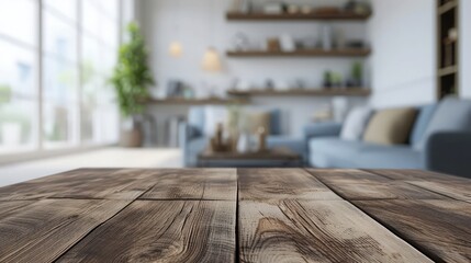 Wooden table top with blur of modern living room interior. 3D Render