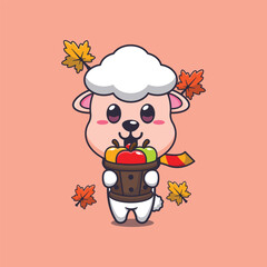 Cute sheep holding a apple in wood bucket
