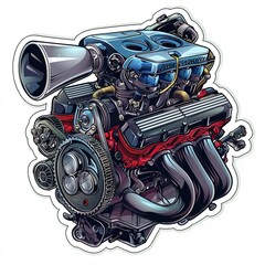 Modern 8-cylinder engine of a luxury car, Sticker, Content, Cool Colors, mural art style, Contour,  White Background, Detailed