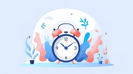 A beautiful illustration of a blue and red alarm clock. The clock is surrounded by colorful leaves and flowers. The clock is set to 7:00 AM.