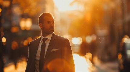 The photo captures a suave man in a sharp suit against a blurred backdrop of a city street bathed in the warm golden light of sunset