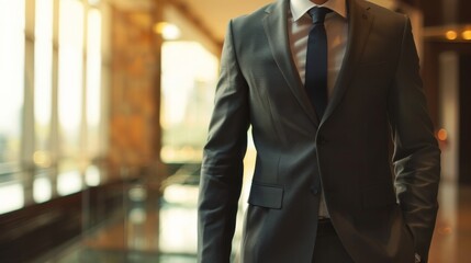 A close-up of a businessman in a suit with a tie, exuding confidence and professionalism in a corporate setting
