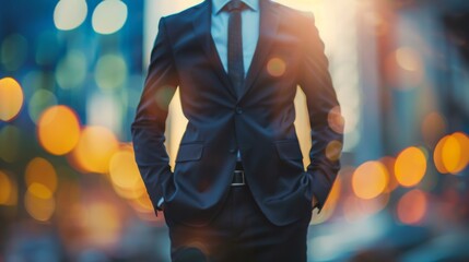 A confident businessman stands with hands on hips against a blurred city lights background, showcasing success and determination - Powered by Adobe