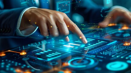 A man is pointing at a screen with a blue background and a lot of numbers