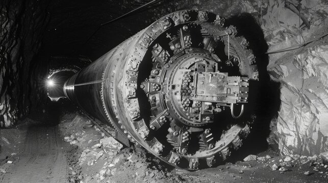 A large cylindrical machine known as a continuous miner chomping away at the walls of a mine to create a designated area for coal extraction.