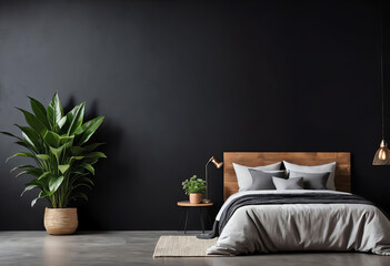 bed interior room with potted plant on black background