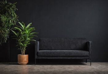 black sofa interior with black wall copy space