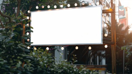 A blank white billboard framed with light bulbs, situated in a lush garden with buildings in the background, ready for advertising