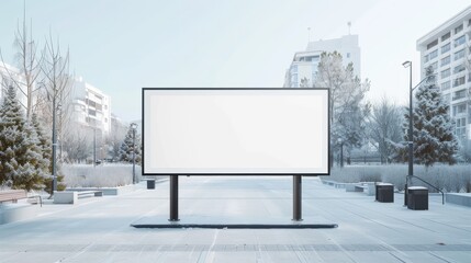 A large blank billboard stands prominently in a snow-covered urban park surrounded by trees and buildings