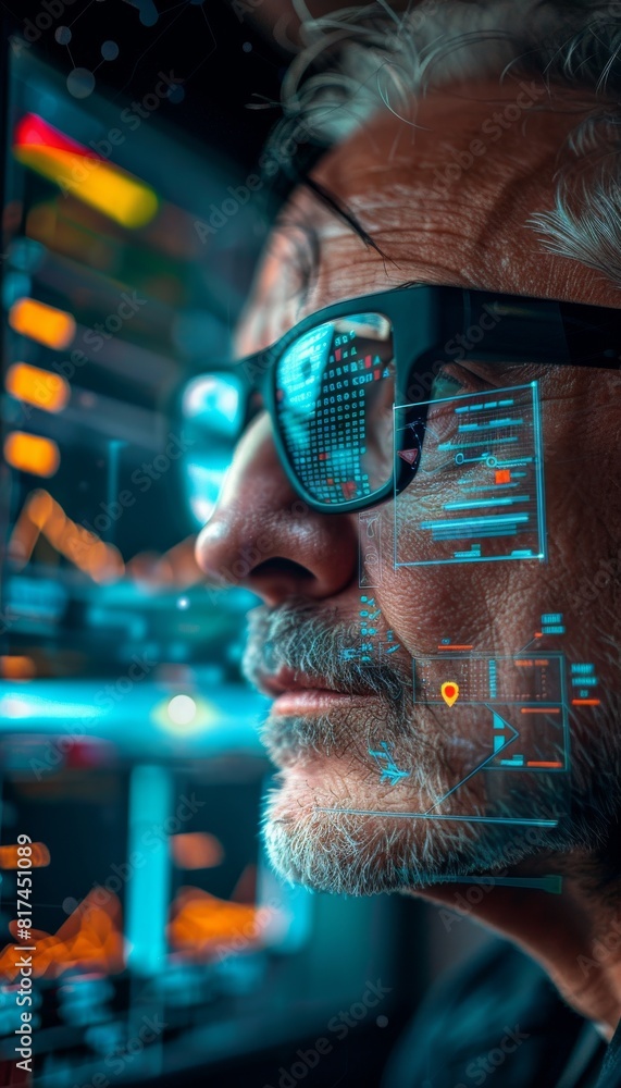 Aufkleber closeup of a businessman wearing augmented reality glasses, viewing virtual data visualizations.