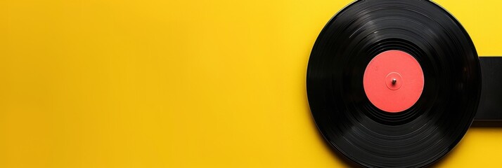 Overhead photo of a realistic vintage record player with a vinyl record on a yellow background,...