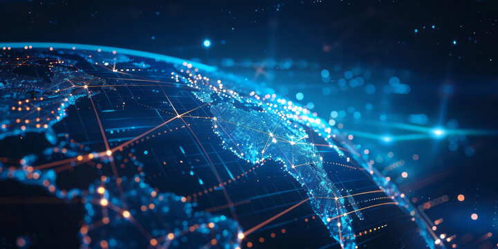 The modern world in blue lights is portrayed in a style that includes multidimensional imagery, intertwined networks, global mash-up, and circular shapes.