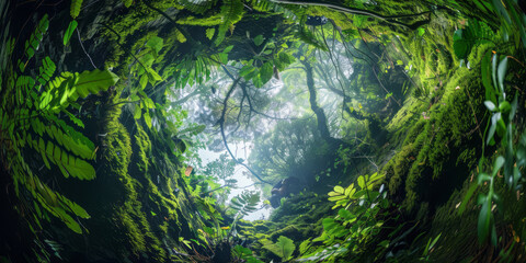 Looking up in a mossy forest in a style that merges multiple filter effect and joyful celebration of nature.