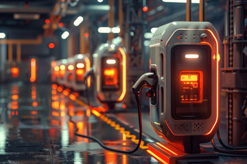 A charging station in an industrial park is portrayed in a style that merges high-tech futurism, selective focus, and traditional elements.