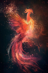 A solitary phoenix stands in the darkness, its portrayal influenced by vibrant fantasy landscapes, planar art, cosmic elements