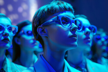 Blue glasses for a business team in a blue auditorium in a style that merges surreal fashion photography, video installation, and dystopian art.