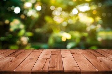 empty wooden table top with a blurred background of a lush green garden - Perfect for Outdoor, Nature, and Garden Designs and for Product Display Table